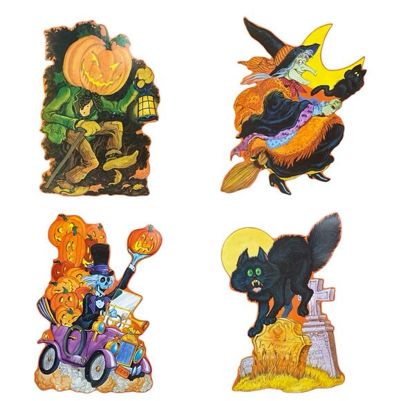 Vtg Halloween 4 Die Cuts Kirk Pumpkin Man, Skeleton, Witch, Cat On Grave 1980s - Picture 1 of 15